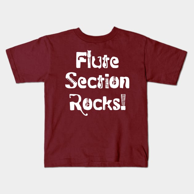 Flute Section Rocks White Text Kids T-Shirt by Barthol Graphics